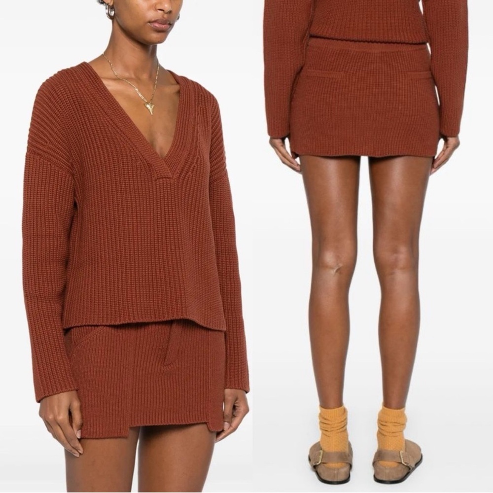 AYA MUSE Rever Ribbed Mini Skirt in Burnt Orange Cinnamon Terracotta Brown $495